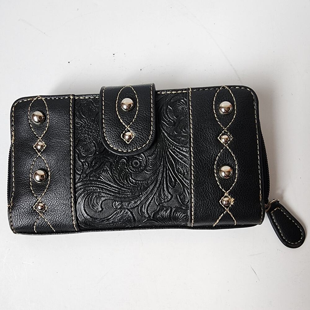 Womens Wallet Checkbook Black Faux Leather Tooled Embossed Zip Around Cards
